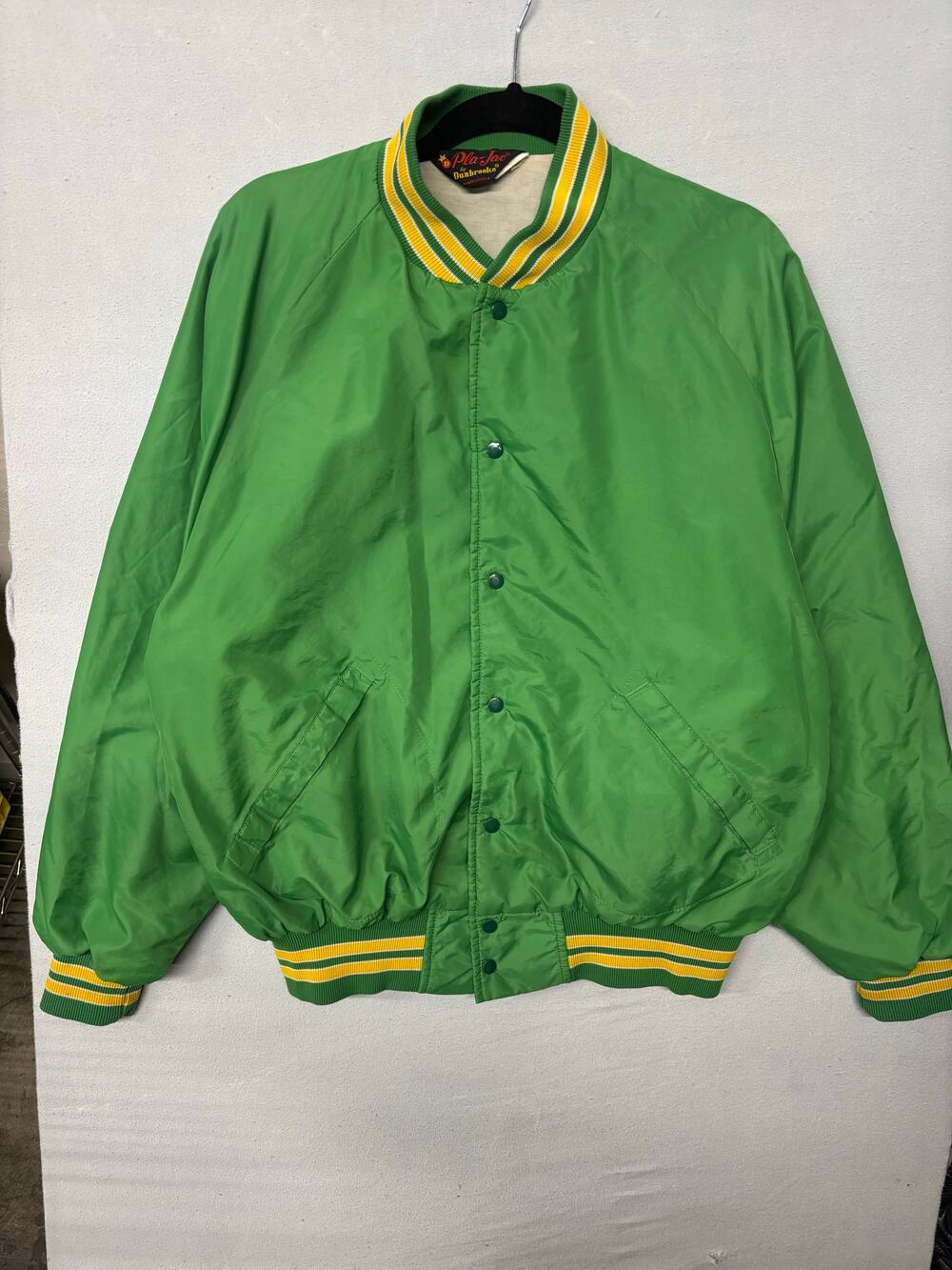 Vintage Pla-Jac Green Satin Chief-Tain Chanters Snap Front Jacket Striped Rib Tr